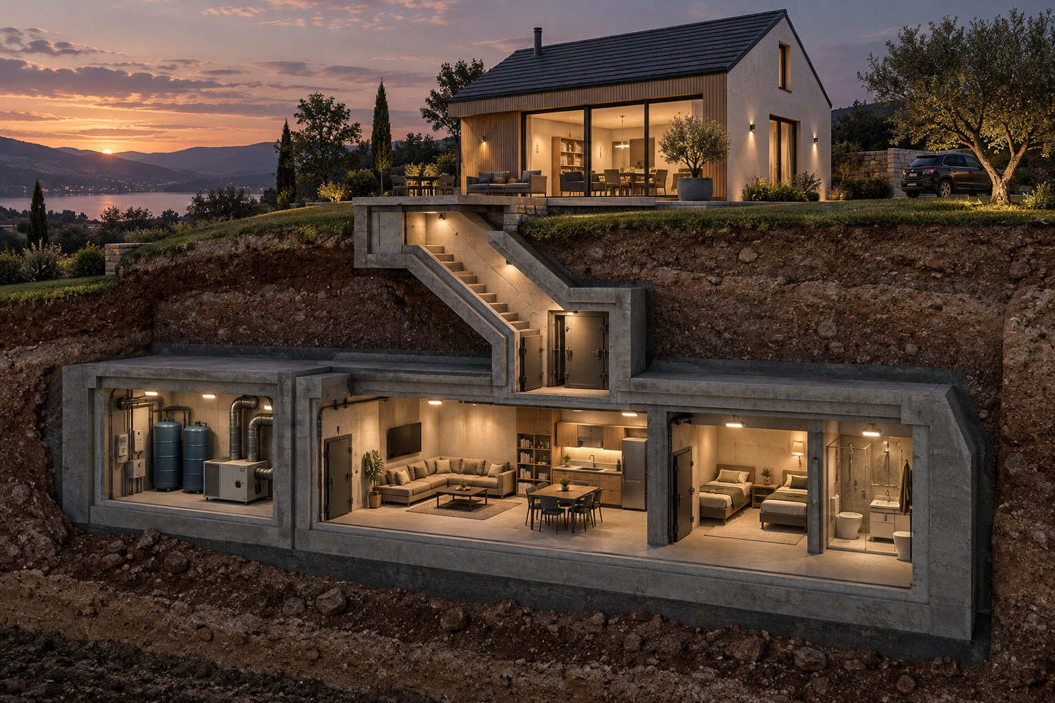 Architectural cutaway concept: house and underground family bunker with living area, beds and utility room.